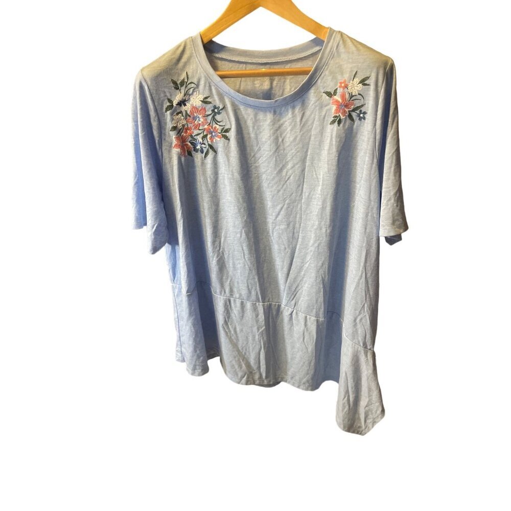 Lane Bryant Light Blue Floral Round Neck Asymmetrical Hem Top Sz 22